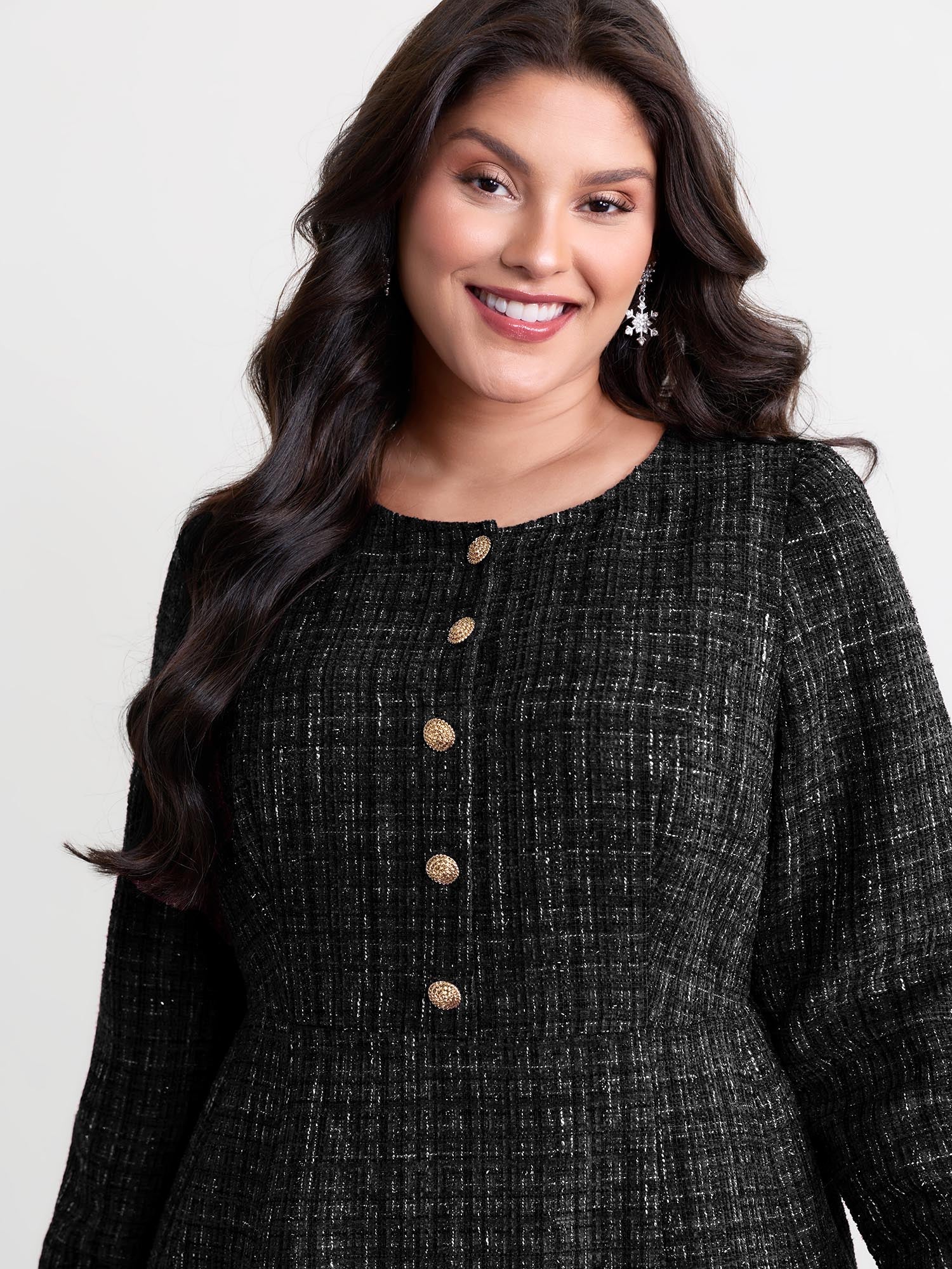 Tweed Metal Button Stretchy Waist Knee Dress