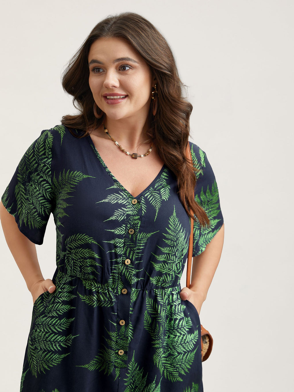Tropical Leaf Print Pockets Button Romper