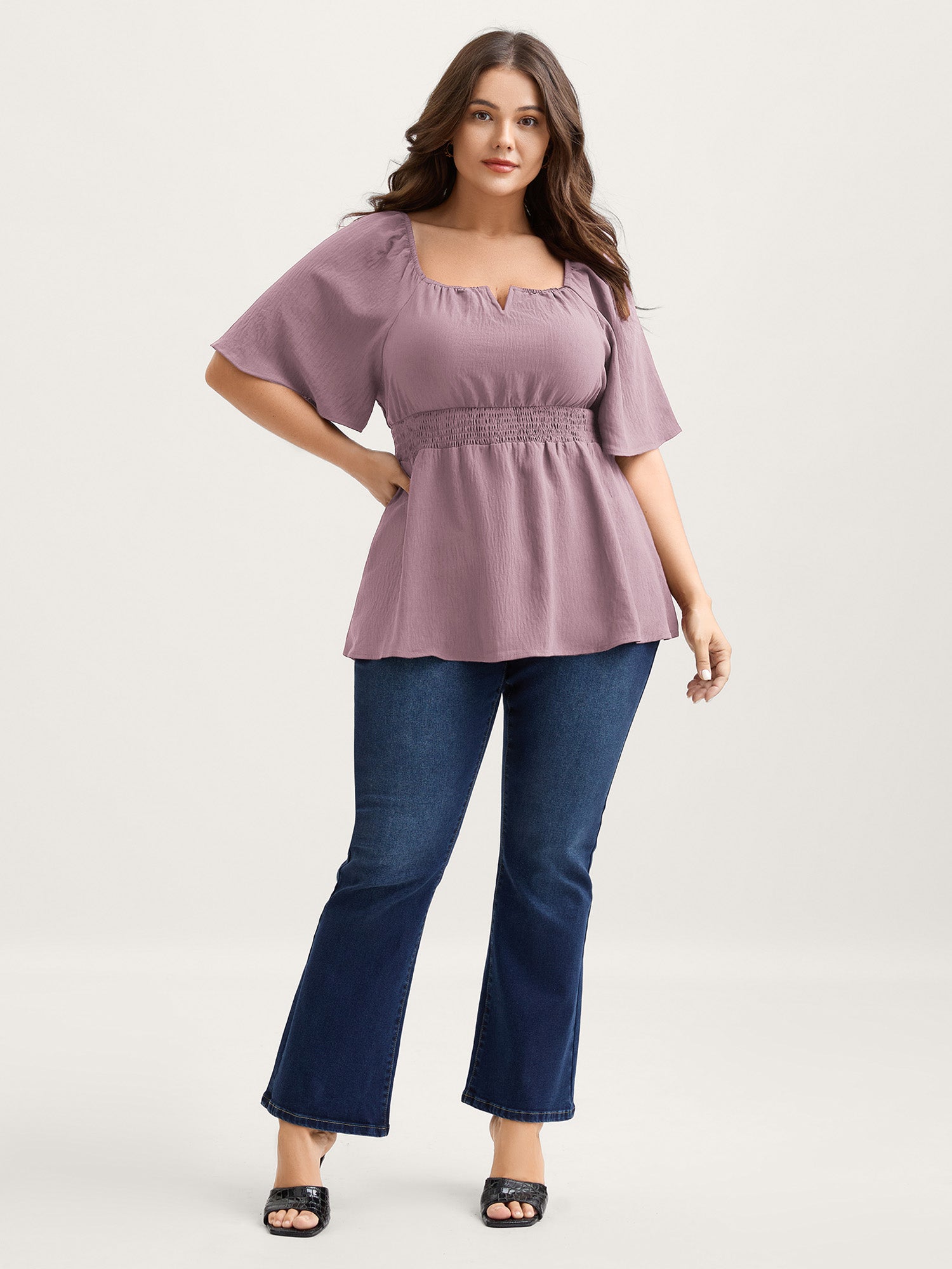 Stretchy Neckline Waist-Cinched Solid Blouse