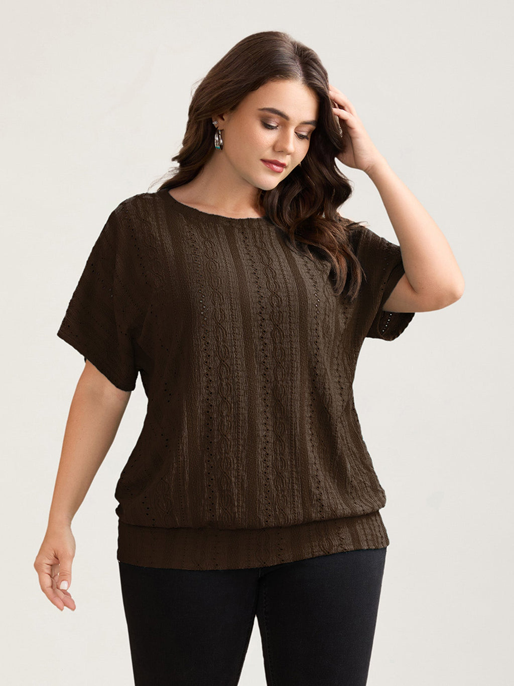 Eyelet Trim Stretchy Textured Plain Top