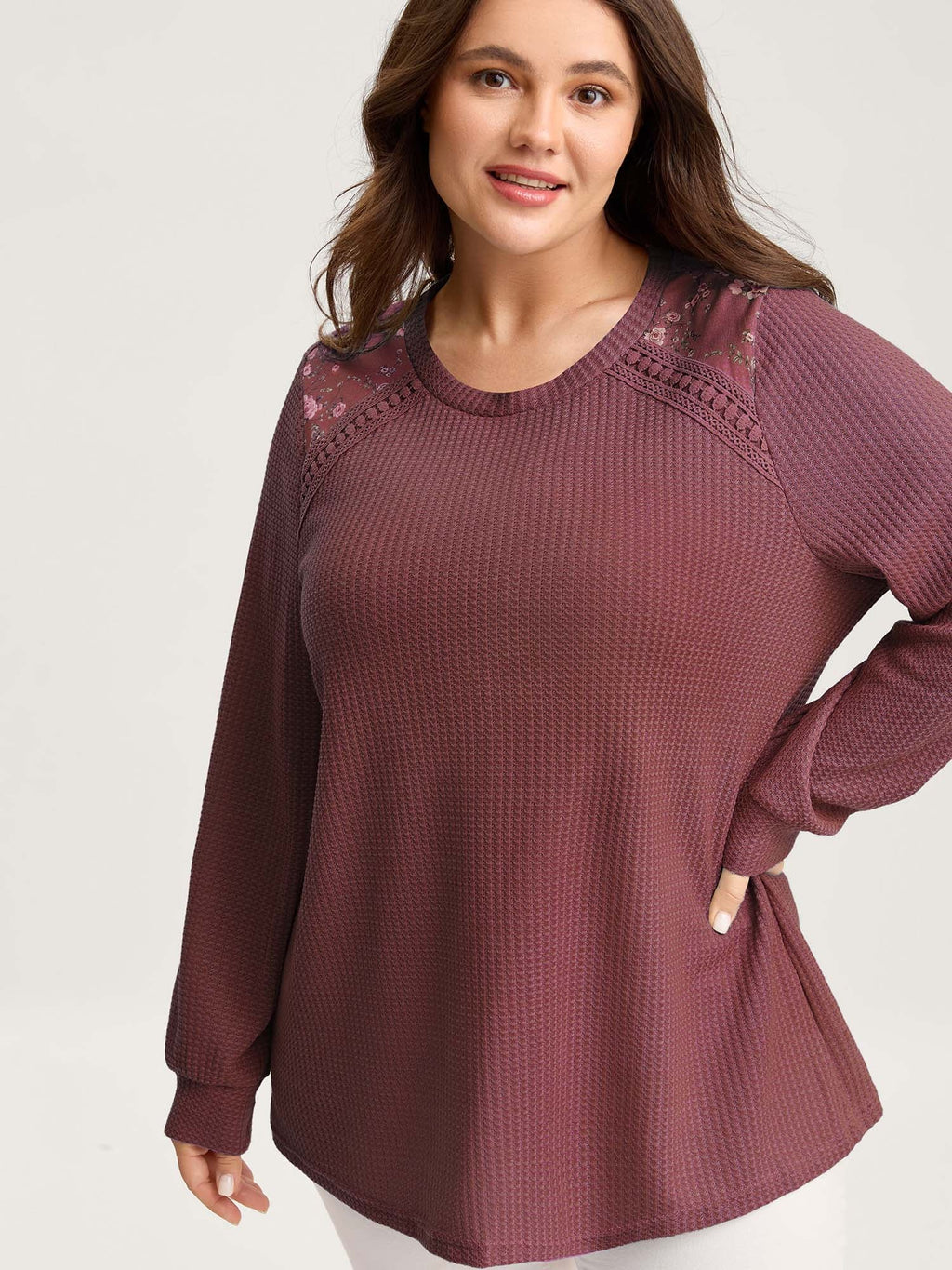 Waffle Spliced Floral Lace Sweatshirt