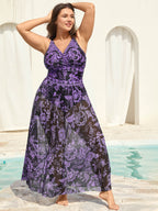 Two-Piece Floral Print Ruched Mesh Swimsuit, Sarong