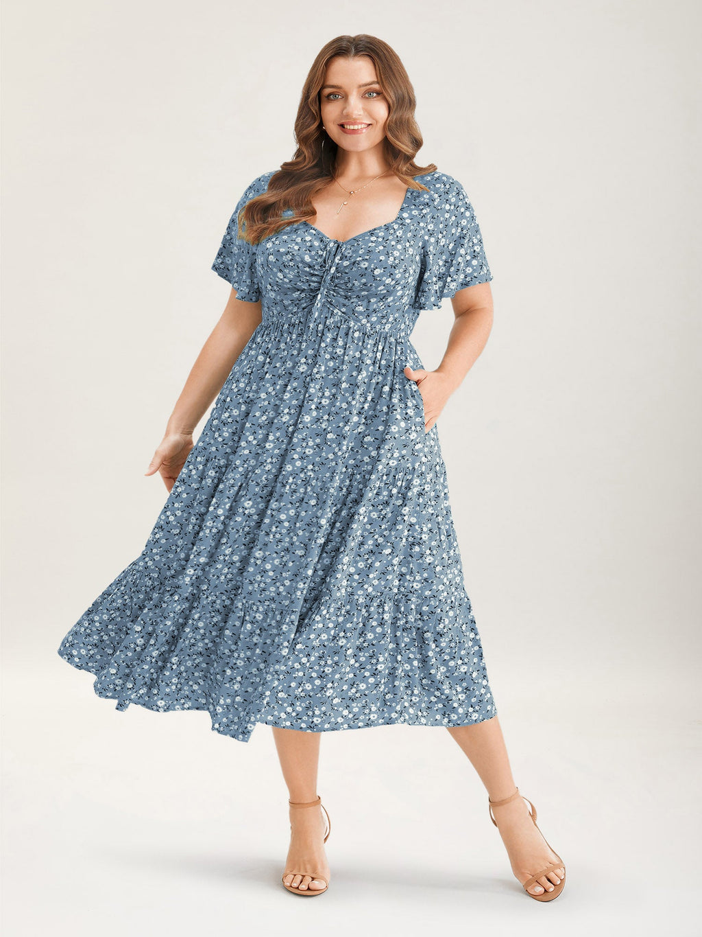 Ditsy Floral Sweetheart Drawstring Pocket Tiered Dress