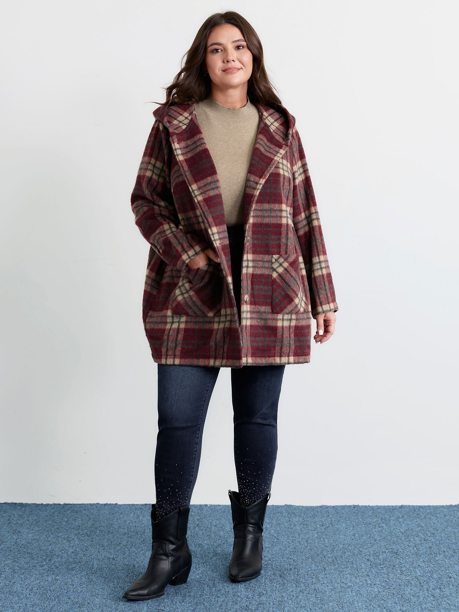 Plaid Fleece Hooded Button Coat