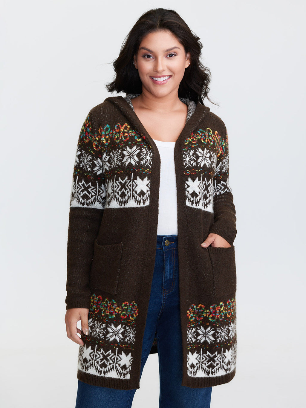 Boho Print Jacquard Hooded Knit Cardigan