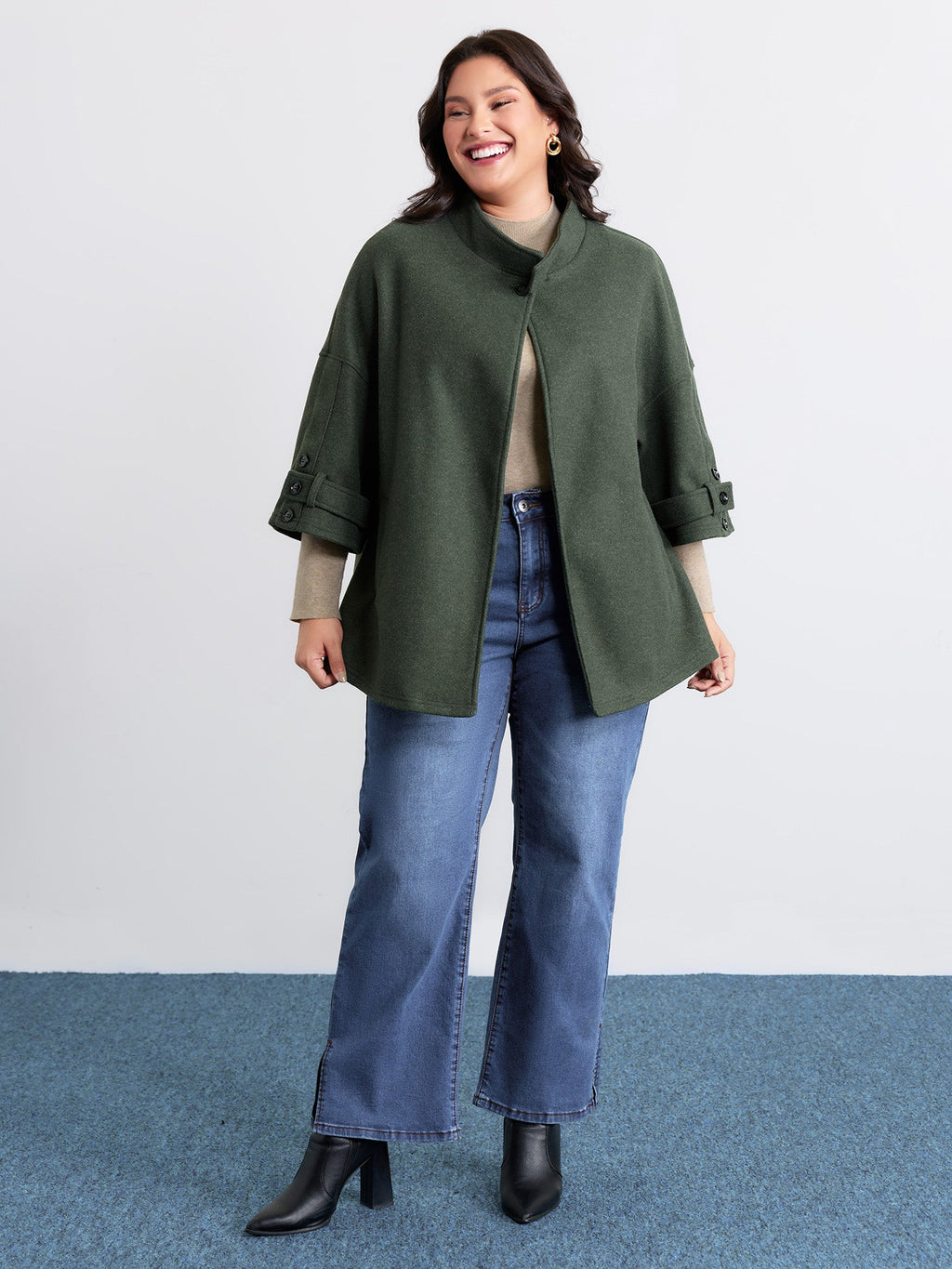 Rolled Button Sleeve Pockets Coat