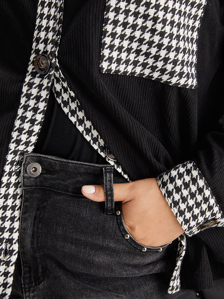 Houndstooth Patchwork Pocket Button Through Corduroy Coat