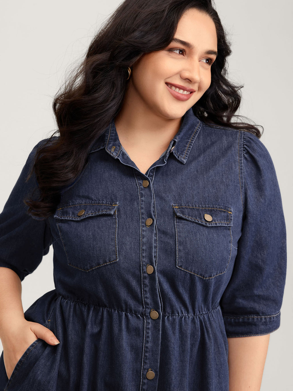 Denim Ruffled Hem Pockets Shirt Dress