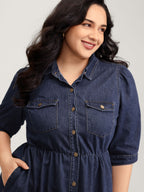 Denim Ruffled Hem Pockets Shirt Dress