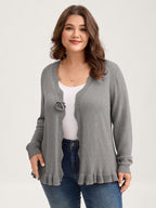 Supersoft Textured Floral Button Ruffled Hem Knit Cardigan