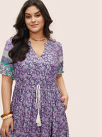 Boho Print Notched Ties Tassel Trim Dress