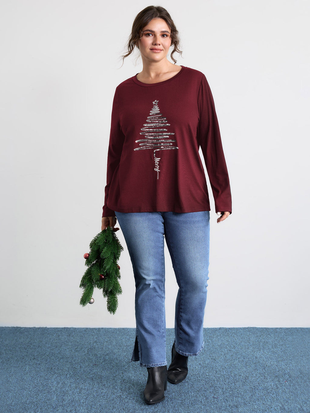 Sequin Cord Embroidered Tree Round Neck T-Shirt