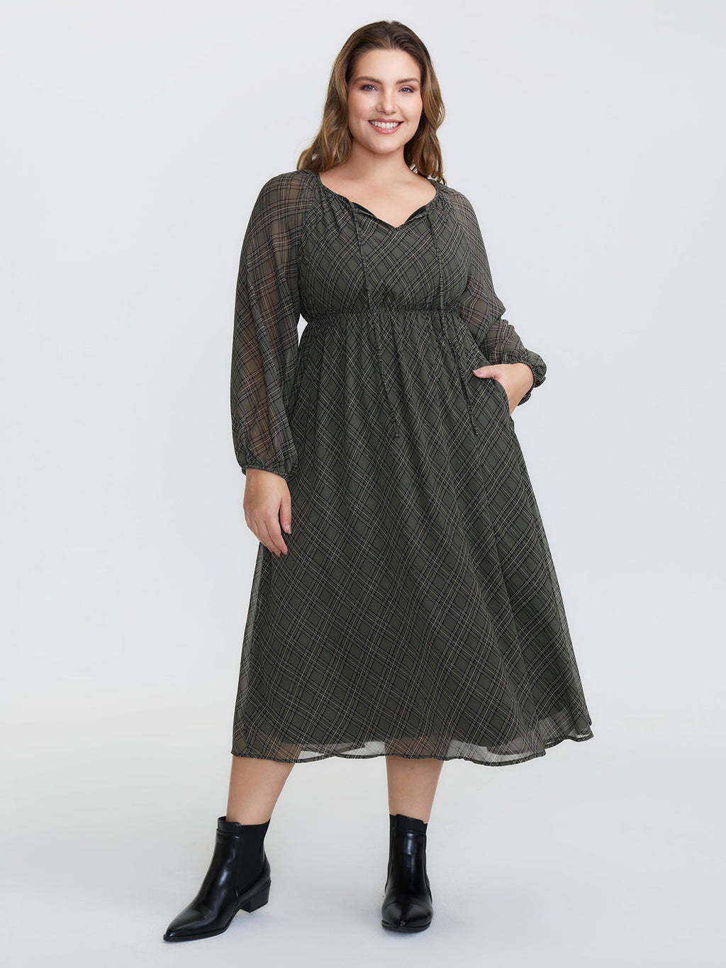 Diamond Print Neck Tie Midi Dress