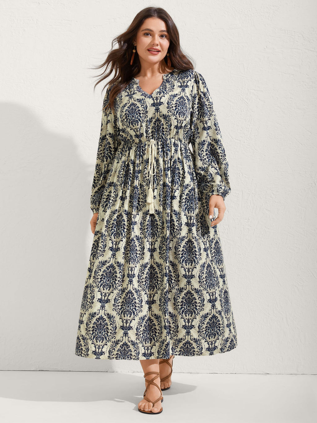 Boho Print Notched Tie Knot Maxi Dress