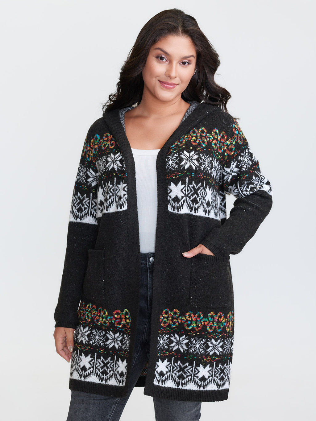 Boho Print Jacquard Hooded Knit Cardigan