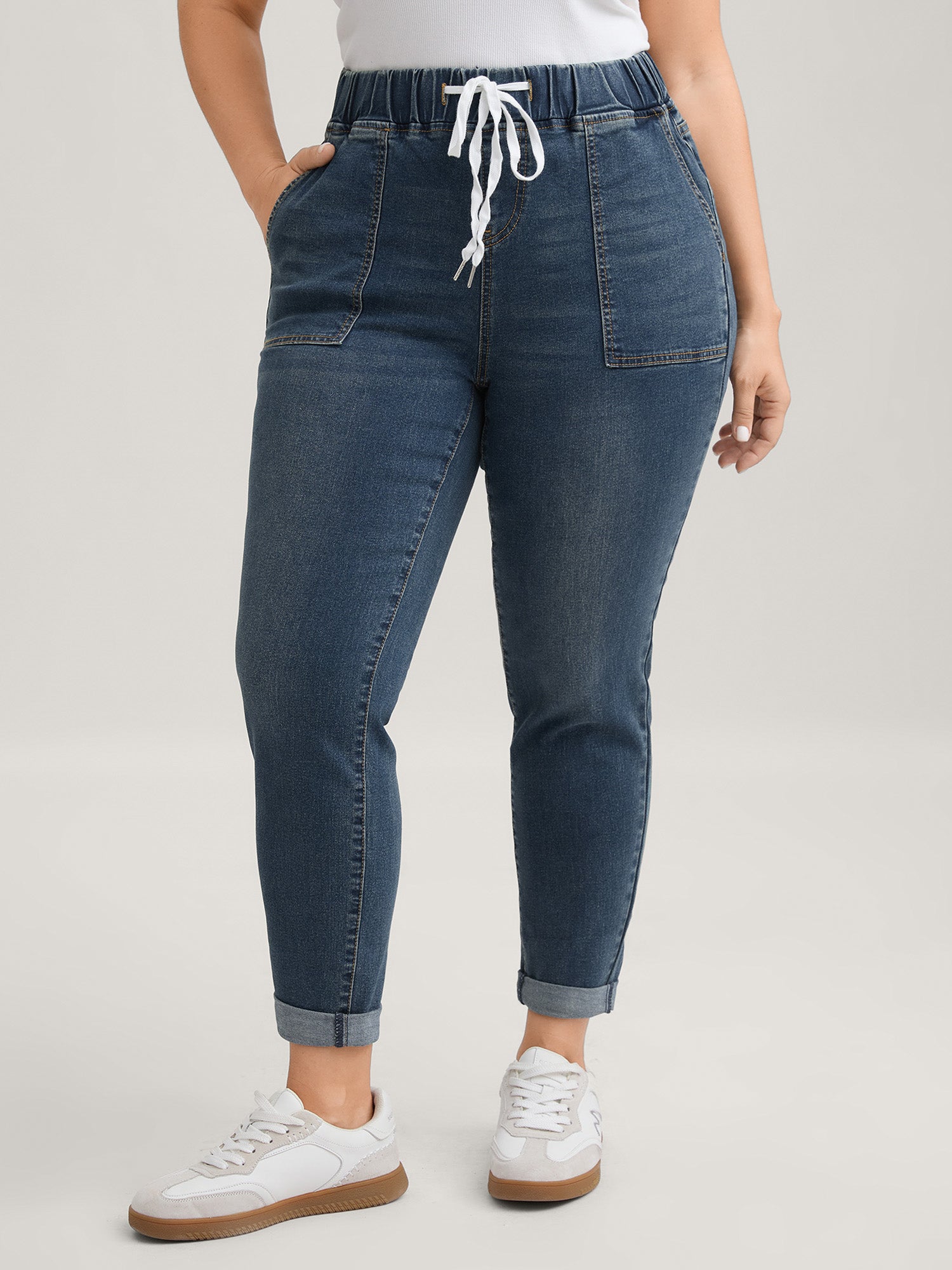 Drawstring Elastic Waist Roll Hem Jeans