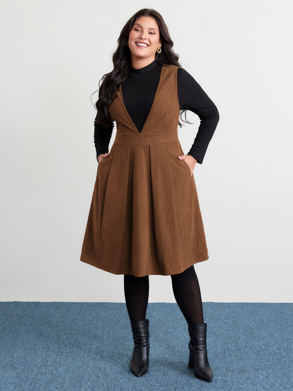 Corduroy Stretchy Waist V-Neck Midi Dress