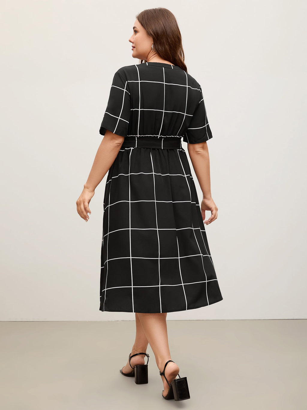 Checkered Print Belted Pockets Midi Dress