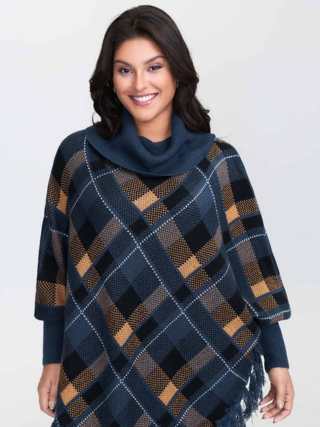 Holiday Plaid Turtleneck Fringe Hem Pullover