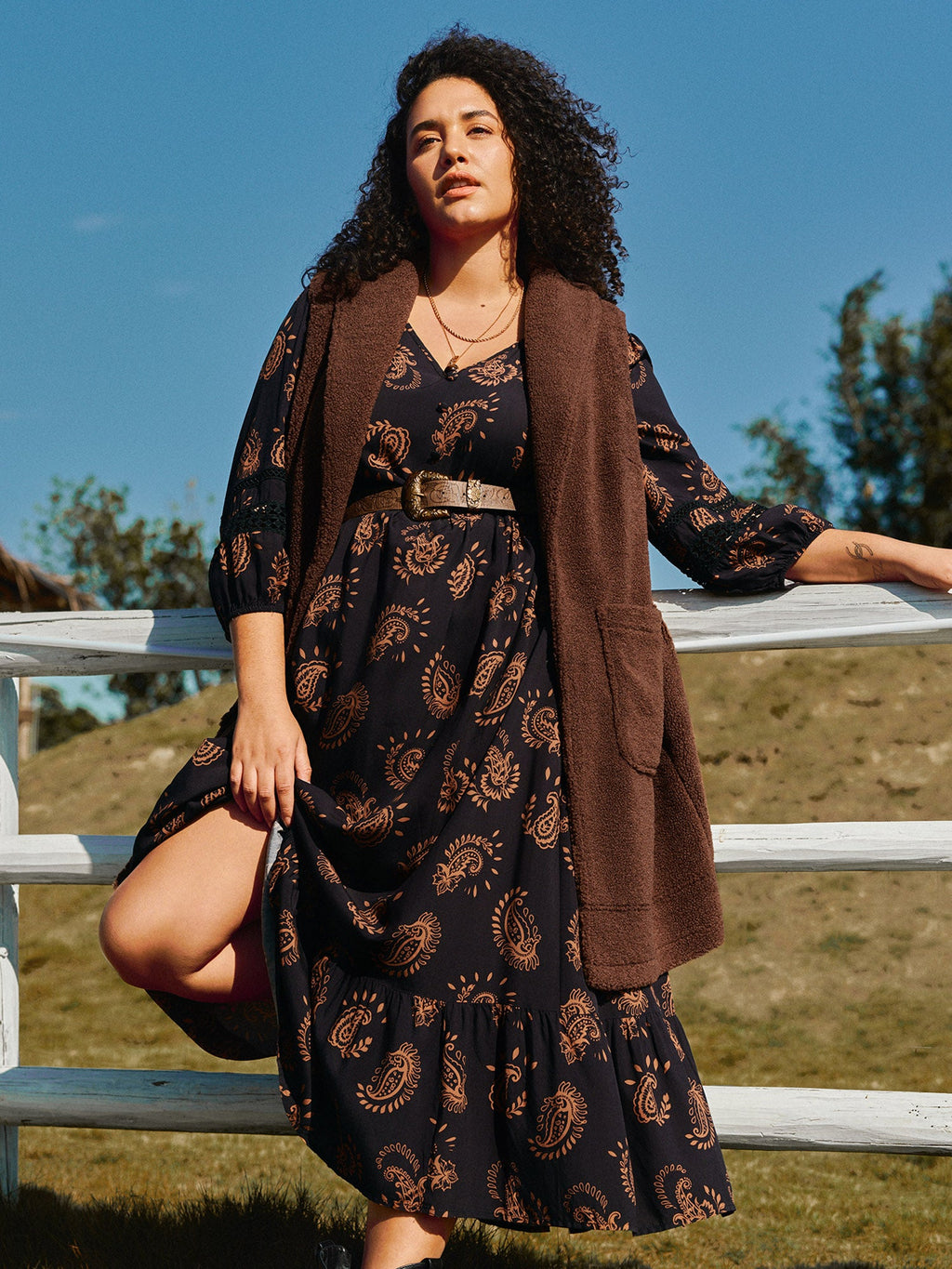 Paisley Print Lace Trim Tiered Maxi Dress