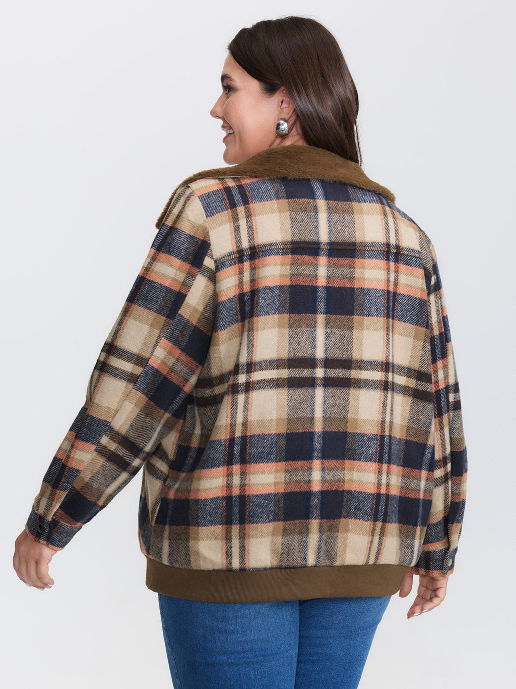 Plaid Pattern Fuzzy Collar Zipper Jacket