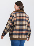 Plaid Pattern Fuzzy Collar Zipper Jacket