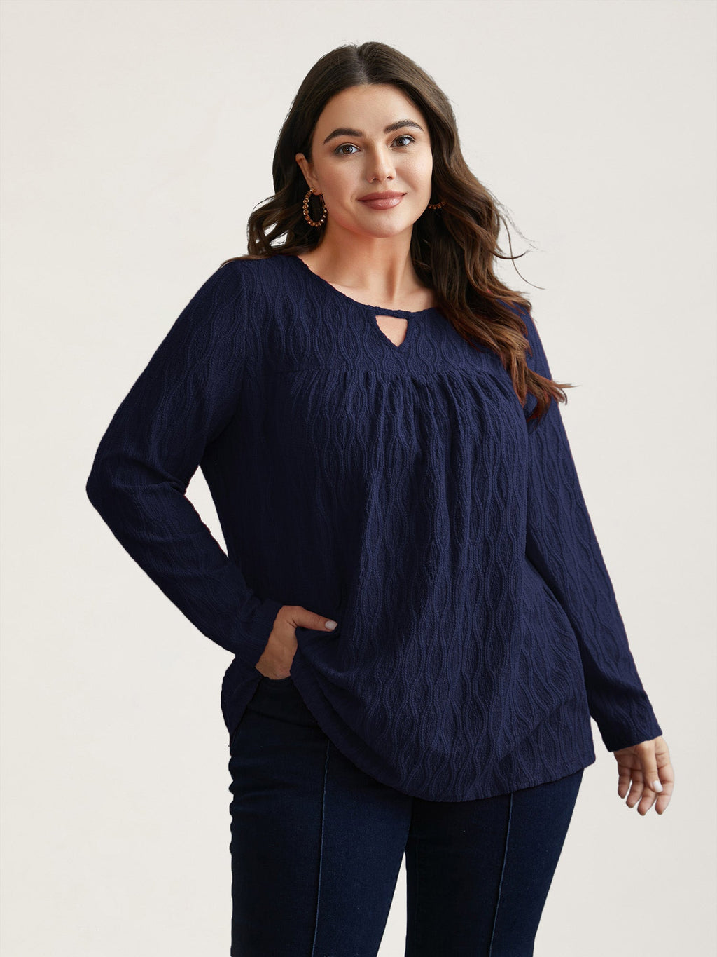 Textured Keyhole Gathered Knit Top