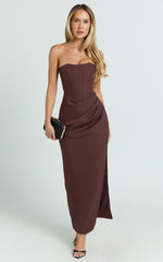 Strapless Draped Side Split Dress in Chocolate