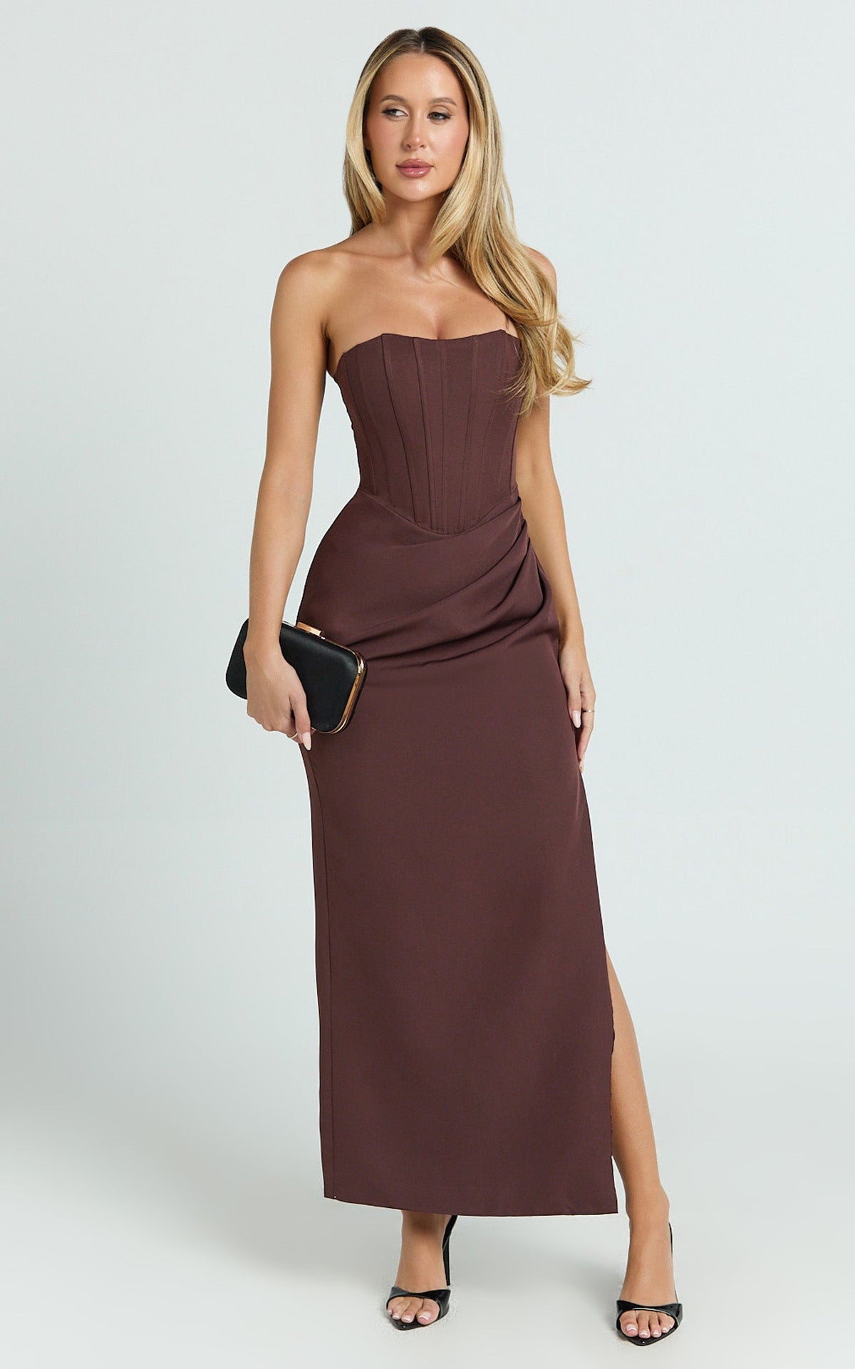 Strapless Draped Side Split Dress in Chocolate