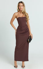 Strapless Draped Side Split Dress in Chocolate
