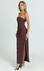 Strapless Draped Side Split Dress in Chocolate