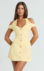 Off Shoulder Button Front Tulip Skirt Dress in Lemon