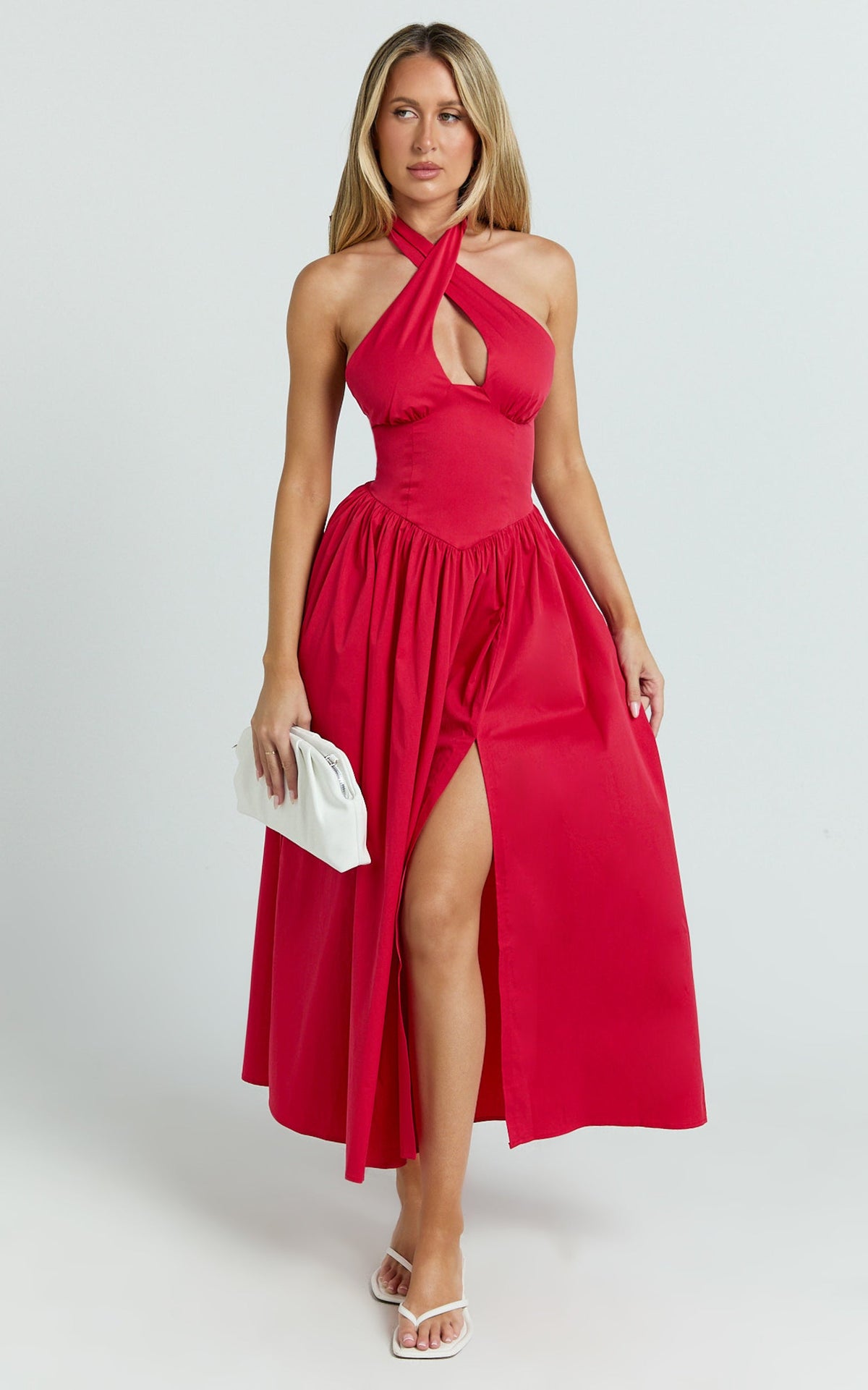Keyhole Halter With V Yoke Dress in Red