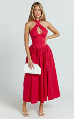 Keyhole Halter With V Yoke Dress in Red