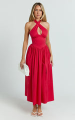 Keyhole Halter With V Yoke Dress in Red