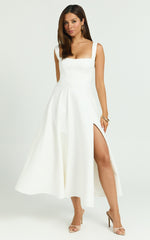 Square Neck Strapped Full Circle Skirt Dress in White
