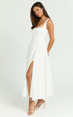 Square Neck Strapped Full Circle Skirt Dress in White