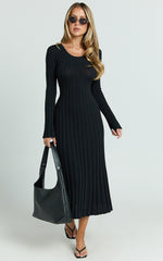 Long Sleeve Tie Back Flare Dress in Black