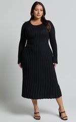 Long Sleeve Tie Back Flare Dress in Black