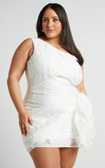 One Shoulder Wrap Front Dress in White Jacquard