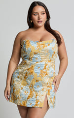 Strapless Dress in Blue Jacquard