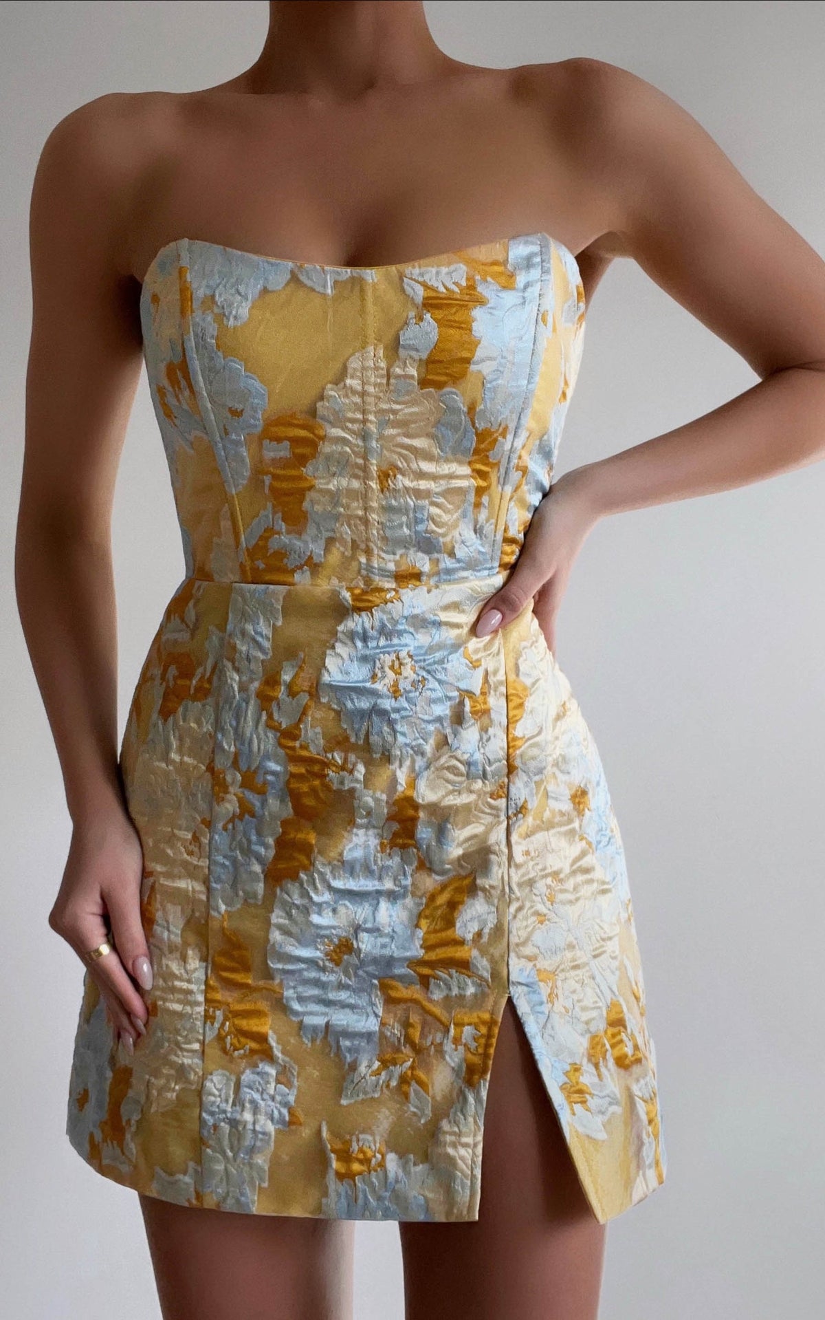 Strapless Dress in Blue Jacquard