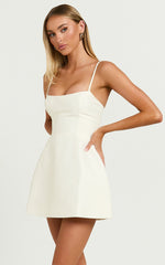 Scoop Neck Panel Bodice Dress in Off White