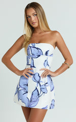 Strapless A Line Dress in Blue Floral
