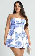 Strapless A Line Dress in Blue Floral