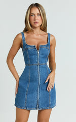 Square Neck Zip Front Sleeveless Bodycon Denim in Mid Blue Wash