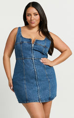 Square Neck Zip Front Sleeveless Bodycon Denim in Mid Blue Wash