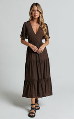 Flutter Sleeve Tiered Dress in Chocolate
