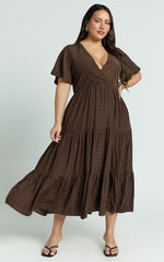Flutter Sleeve Tiered Dress in Chocolate