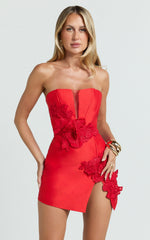 Strapless Plunge Bodycon Leg Split Dress in Red